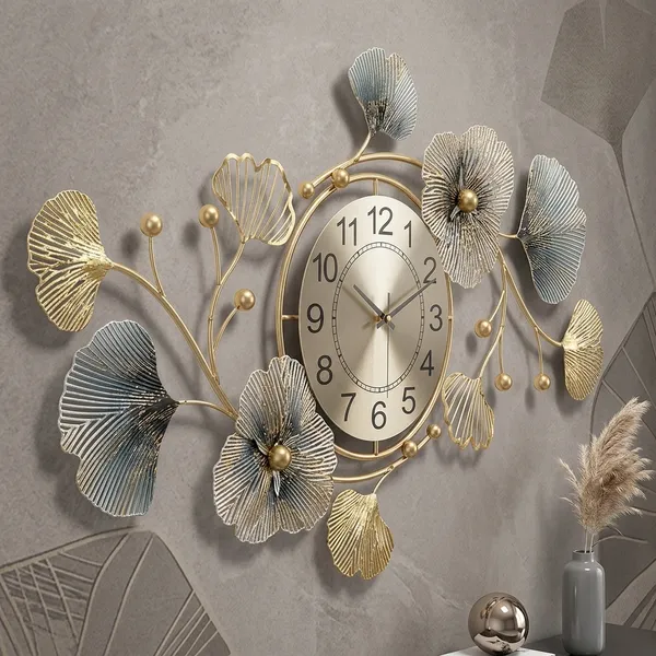 Golden_Ginkgo_Leaf_Wall_Clock_With_Floral_Metal_Decor