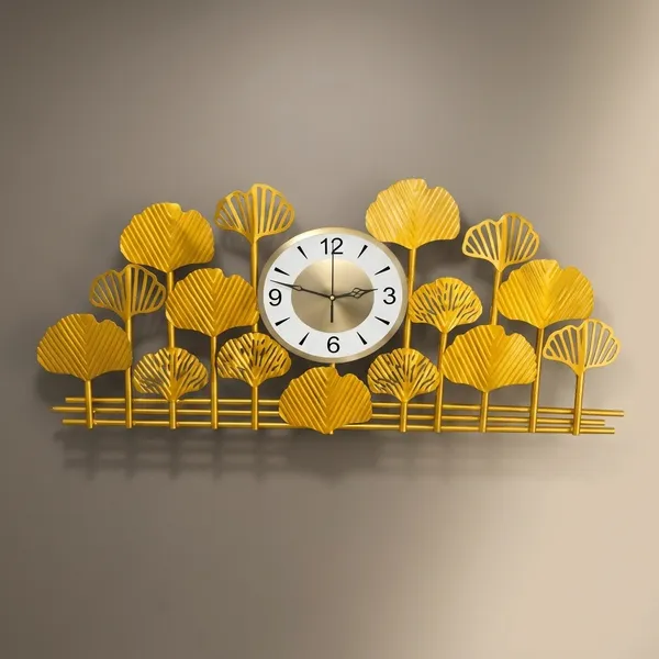Golden_Metal_Leaf_Design_Wall_Clock_With_White_Dial