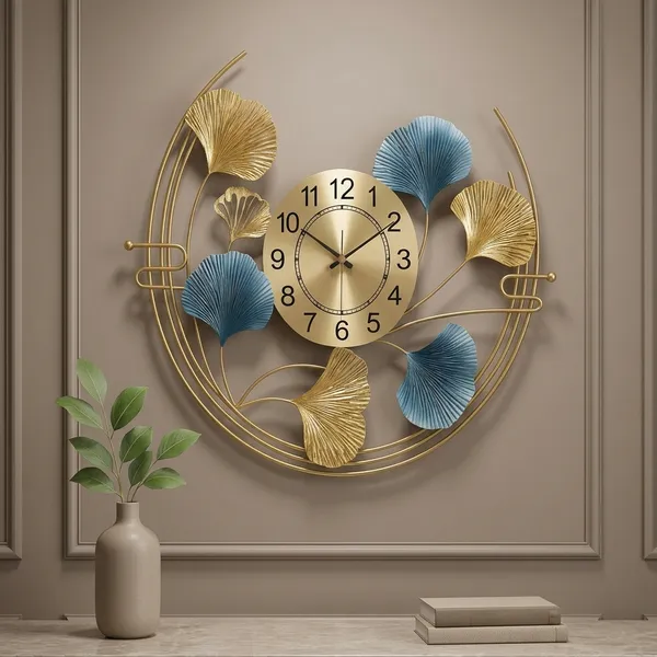 Gold_And_Blue_Ginkgo_Leaf_Wall_Clock_With_Decorative_Metal_Frame
