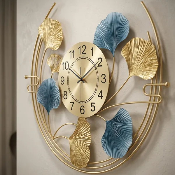 Gold_And_Blue_Ginkgo_Leaf_Wall_Clock_With_Decorative_Metal_Frame
