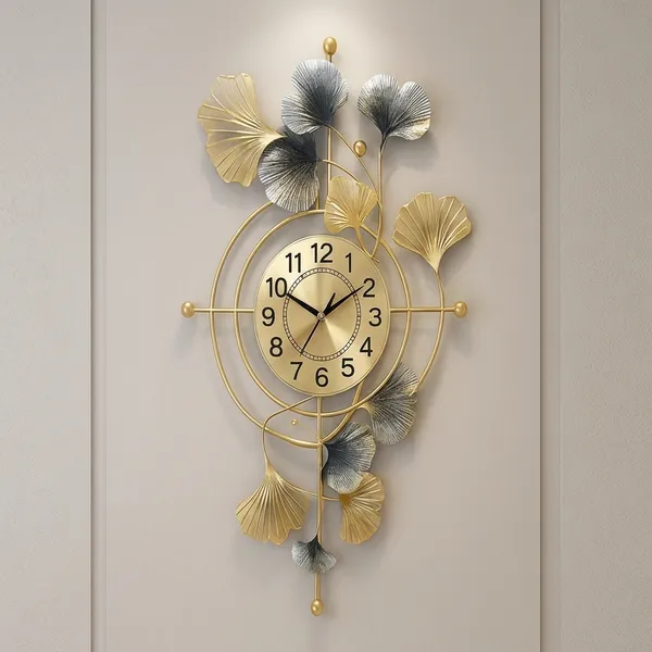 Gold_And_Silver_Metal_Ginkgo_Leaf_Wall_Clock_With_Analog_Display