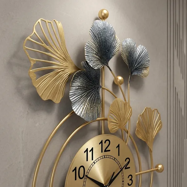 Gold_And_Silver_Metal_Ginkgo_Leaf_Wall_Clock_With_Analog_Display