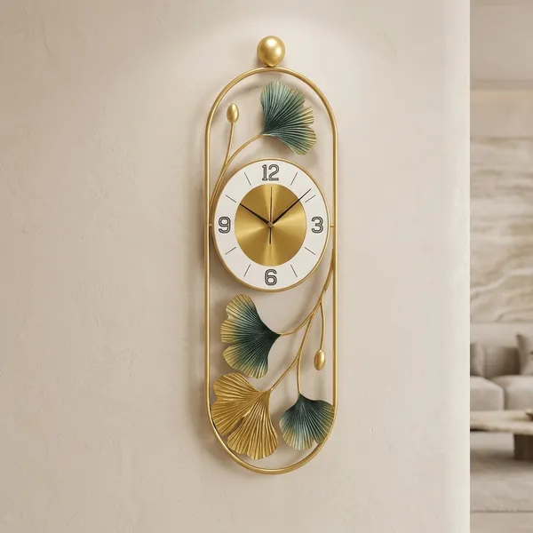 Luxury_Vertical_Ginkgo_Metal_Wall_Clock_With_Golden_Finish