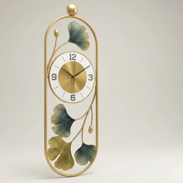 Luxury_Vertical_Ginkgo_Metal_Wall_Clock_With_Golden_Finish