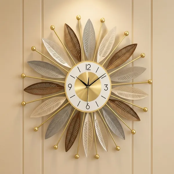Golden_Metal_Leaf_Design_Sunburst_Wall_Clock
