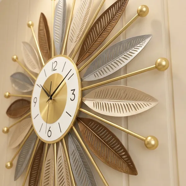 Golden_Metal_Leaf_Design_Sunburst_Wall_Clock