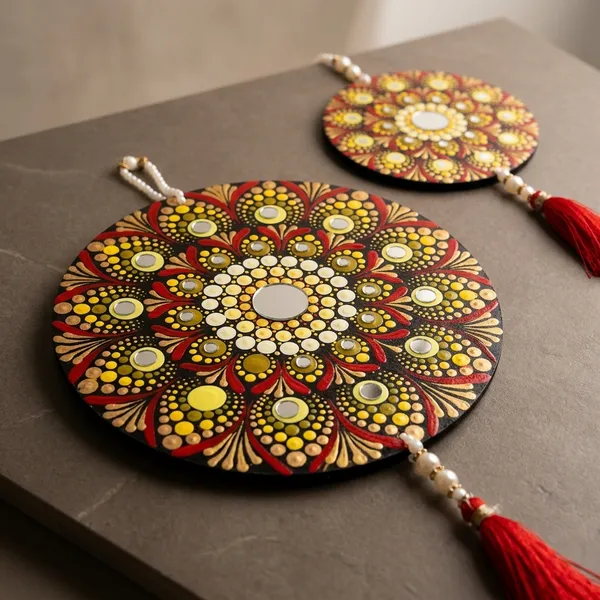 Handcrafted_Dot_Mandala_Wooden_Coasters_With_Red_Tassels_Set_Of_4