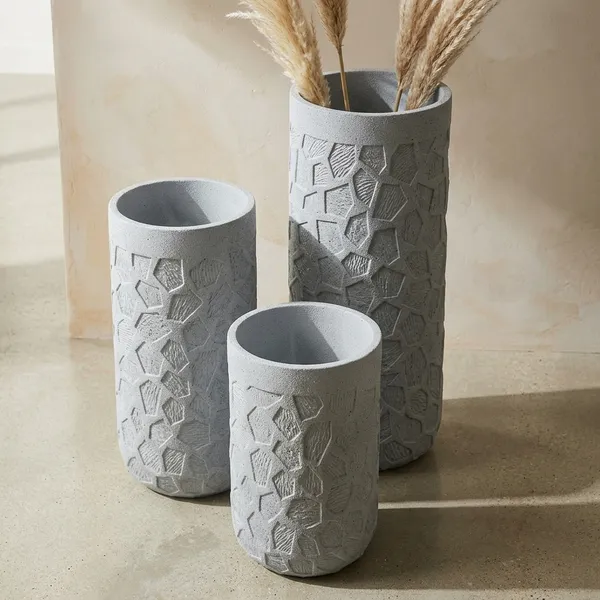 Grey_Polyresin_Textured_Cylindrical_Planter_Set_Of_3