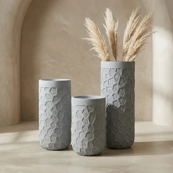 Grey_Polyresin_Textured_Cylindrical_Planter_Set_Of_3
