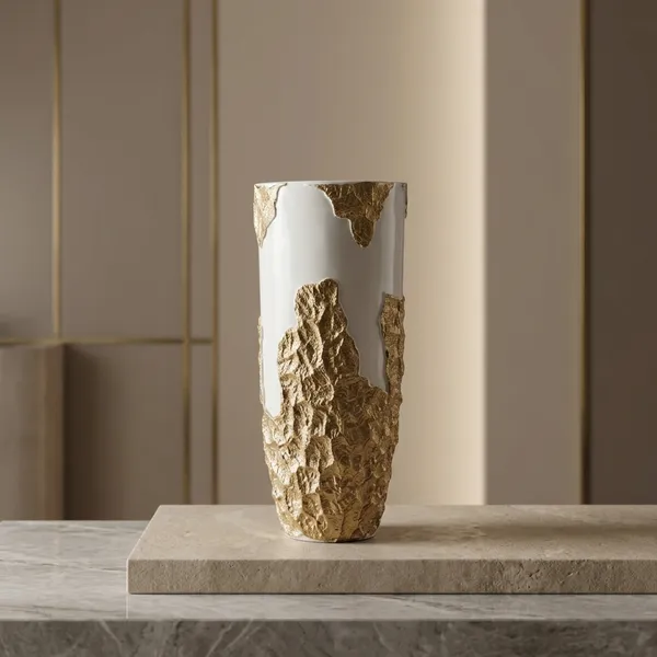 White_Polyresin_Decorative_Vase_With_Gold_Textured_Accent