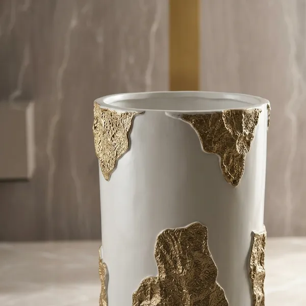 White_Polyresin_Decorative_Vase_With_Gold_Textured_Accent