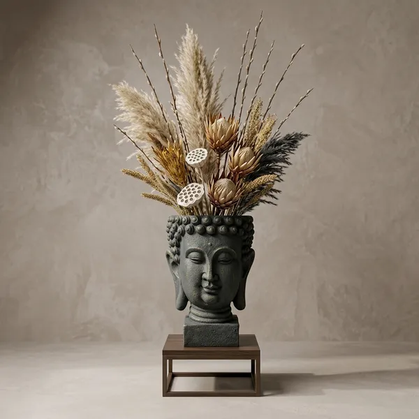 Polyresin_Buddha_Head_Decorative_Vase_With_Pampas_Grass_Arrangement
