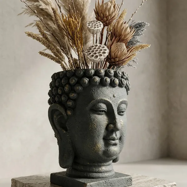Polyresin_Buddha_Head_Decorative_Vase_With_Pampas_Grass_Arrangement