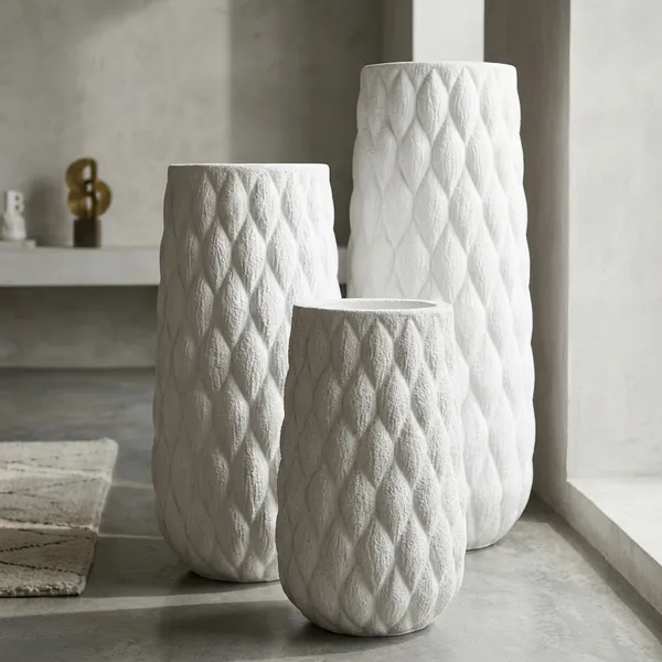 White_Polyresin_Textured_Diamond_Pattern_Decorative_Vase_Set