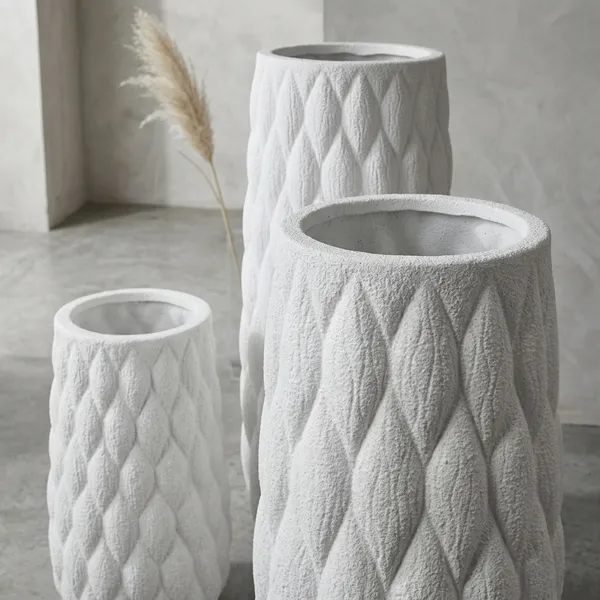 White_Polyresin_Textured_Diamond_Pattern_Decorative_Vase_Set