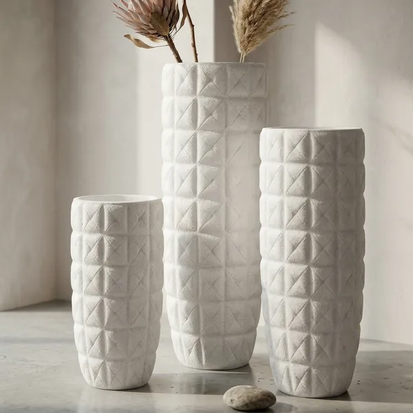 White_Geometric_Textured_Polyresin_Vase_Set_Of_3
