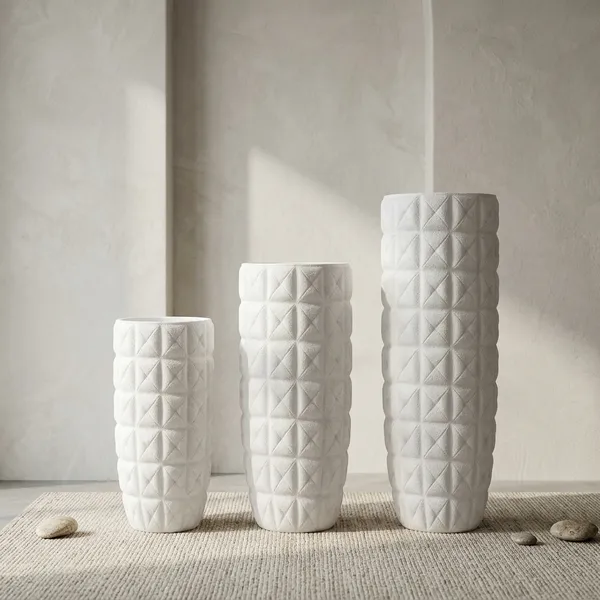 White_Geometric_Textured_Polyresin_Vase_Set_Of_3