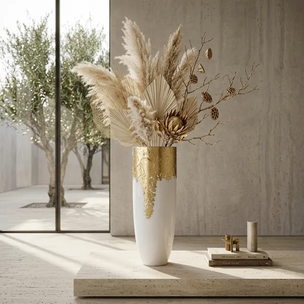 White_Ceramic_Vase_With_Golden_Leaf_Decor