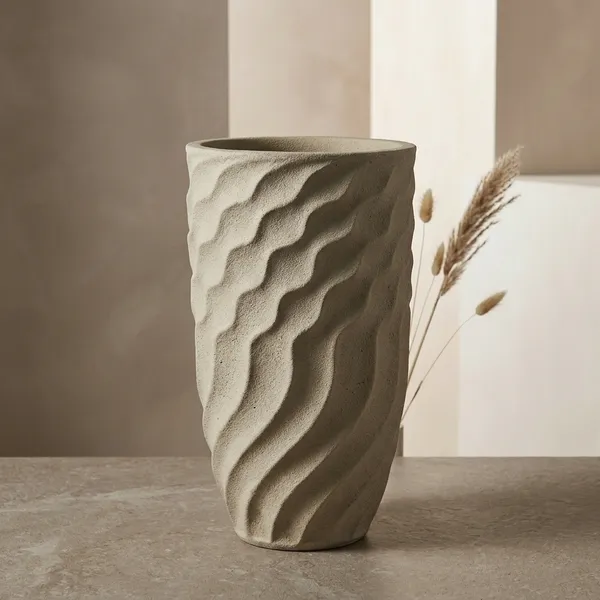 Beige_Polyresin_Wavy_Textured_Modern_Planter_Pot
