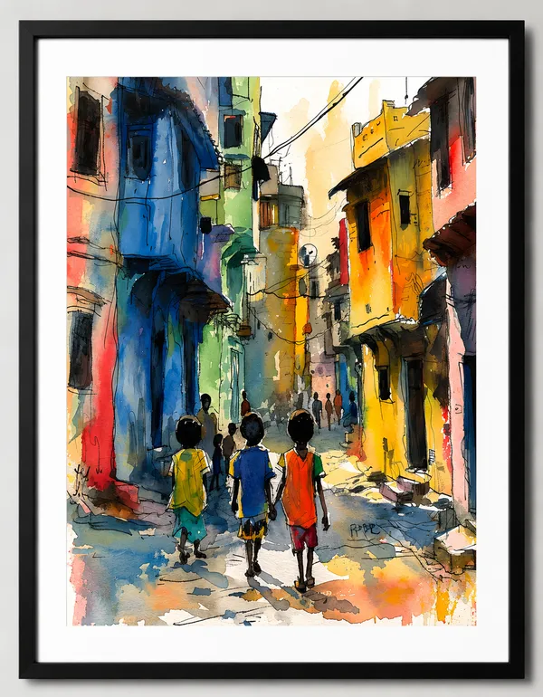 Vibrant_Street_Scene_Watercolor_Art_Print_laminated_Frame