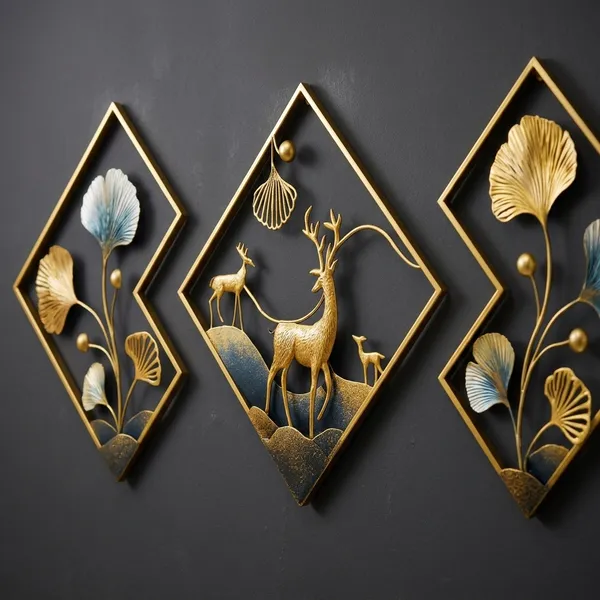Golden_Metal_Decorative_Wall_Art_Set_Of_3_Diamond_Frames