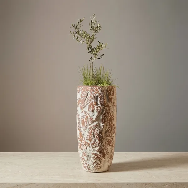 White_Polyresin_Textured_Vase_With_Floral_Relief_Design