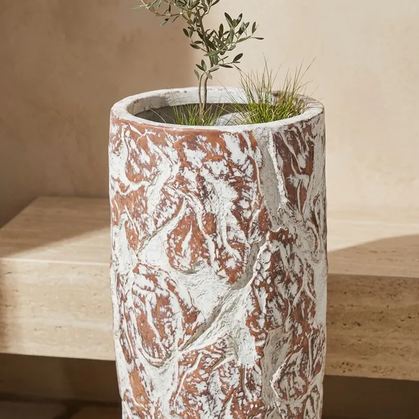 White_Polyresin_Textured_Vase_With_Floral_Relief_Design