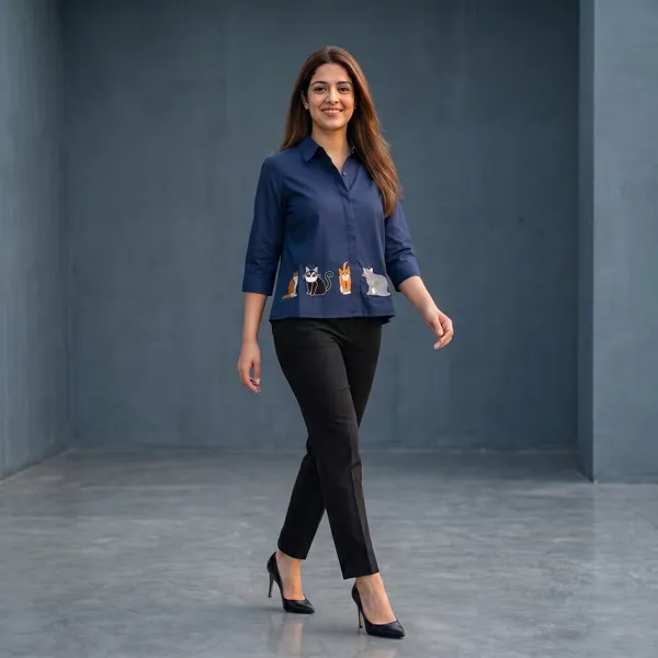 Womens_Striped_Cat_Embroided_Casual_Top_Navy_Blue
