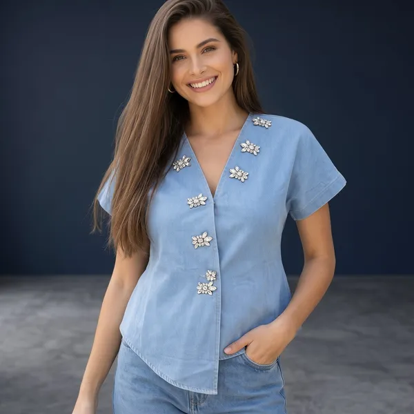 Denim_Embellished_Top__Designer_Diamond_Button_Detail__V-Neck_Casual_Denim_Shirt