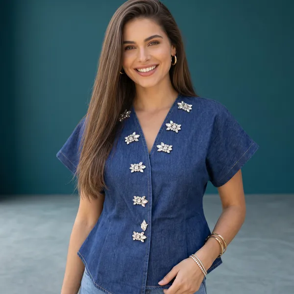 Denim_Embellished_Top__Designer_Diamond_Button_Detail__V-Neck_Casual_Denim_Shirt
