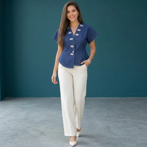 Denim_Embellished_Top__Designer_Diamond_Button_Detail__V-Neck_Casual_Denim_Shirt