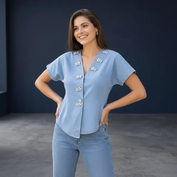 Denim_Embellished_Top__Designer_Diamond_Button_Detail__V-Neck_Casual_Denim_Shirt