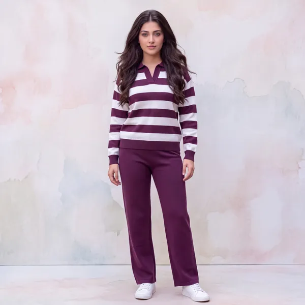 Wine_&_White_Striped_Knit_Polo_Top_&_Wide-Leg_Trousers_Set