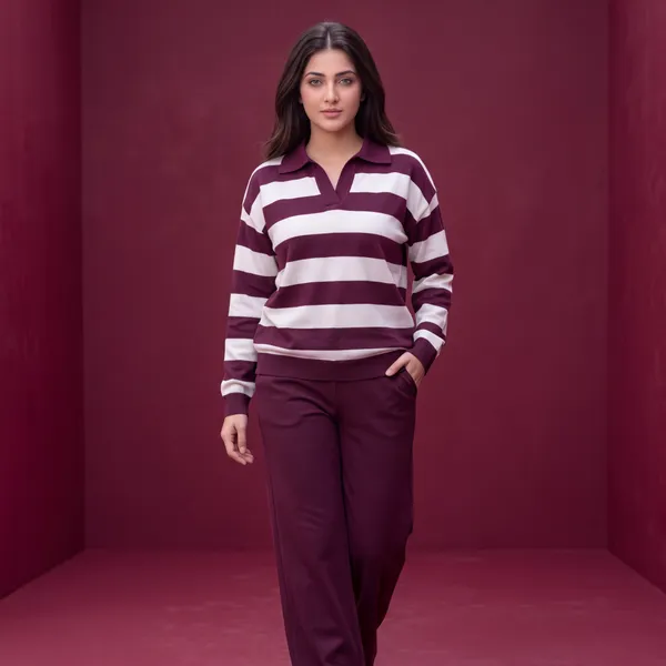Wine_&_White_Striped_Knit_Polo_Top_&_Wide-Leg_Trousers_Set