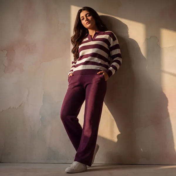 Wine_&_White_Striped_Knit_Polo_Top_&_Wide-Leg_Trousers_Set