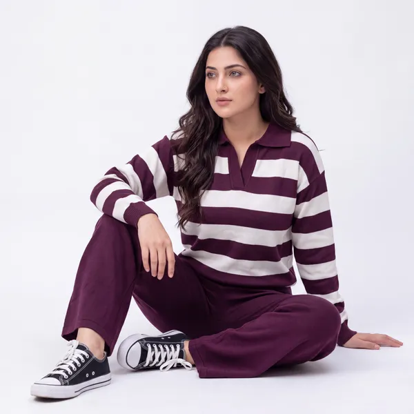 Wine_&_White_Striped_Knit_Polo_Top_&_Wide-Leg_Trousers_Set