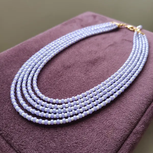 Lavender_And_White_Glass_Bead_Multi-Strand_Necklace_For_Women