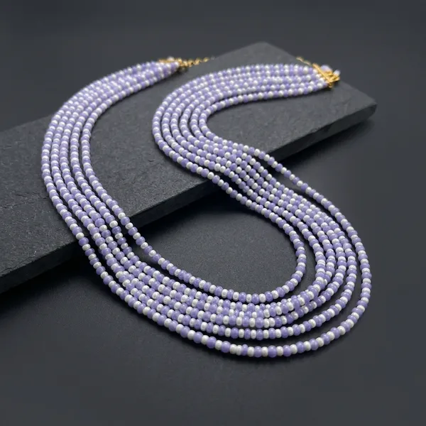 Purple_White_Glass_Bead_Multi-Strand_Necklace_For_Women