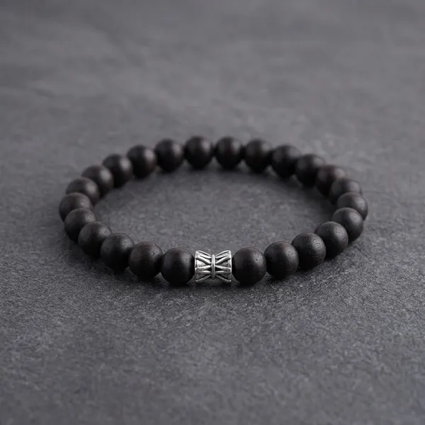 Black_Silver_Karungali_Wood_Beaded_Stretch_Bracelet_For_Men