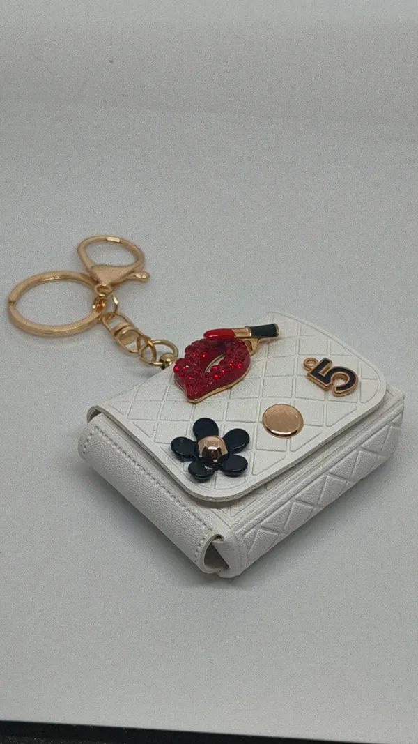White_Quilted_Mini_Wallet_with_Decorative_Keychain