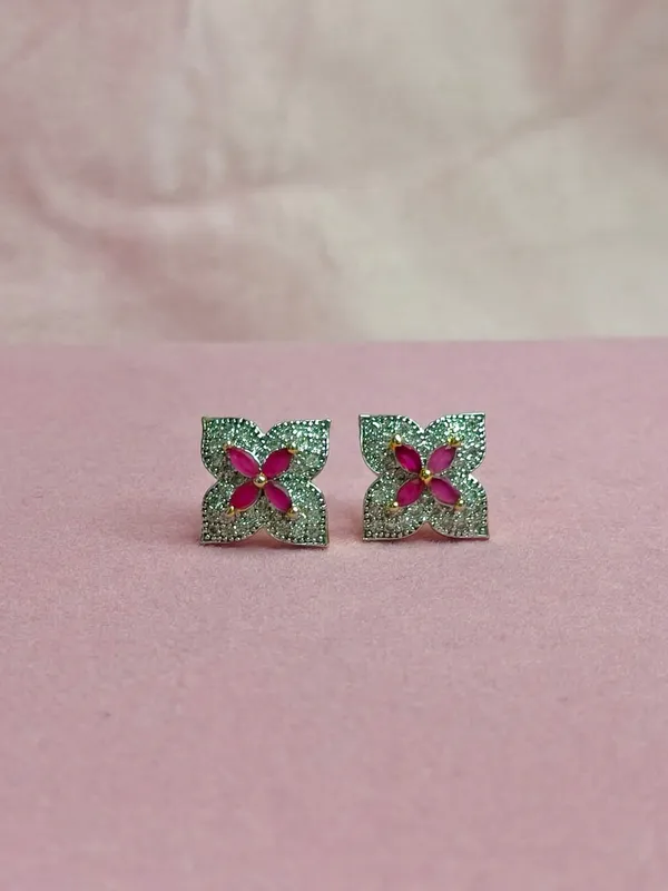 Pink_&_Silver_Stone_Floral_Stud_Earrings_For_Women