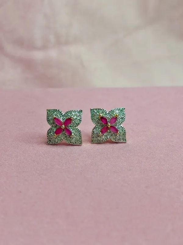 Pink_&_Silver_Stone_Floral_Stud_Earrings_For_Women