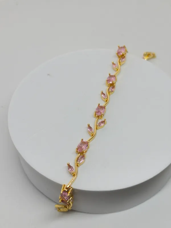 Gold_Plated_Pink_Stone_Leaf_Design_Bracelet_for_Women