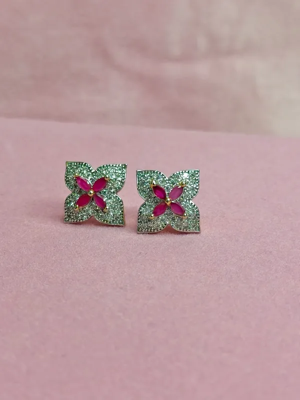 Pink_&_Silver_Stone_Floral_Stud_Earrings_For_Women