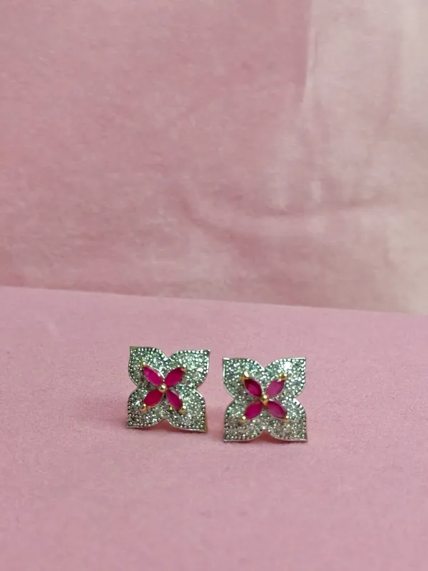 Pink_&_Silver_Stone_Floral_Stud_Earrings_For_Women