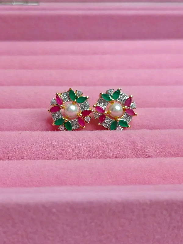 Gold_White_Alloy_Pearl_Floral_Stud_Earrings_For_Women