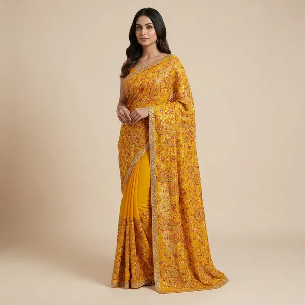 Mustard_Georgette_Kashmiri_Resham_Embroidered_Saree_For_Women