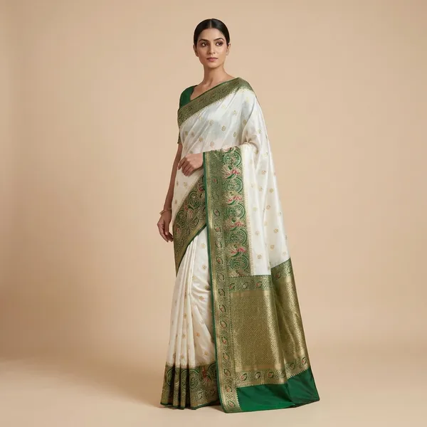White_Green_Banarasi_Silk_Contrast_Border_Swarovski_Saree_For_Women