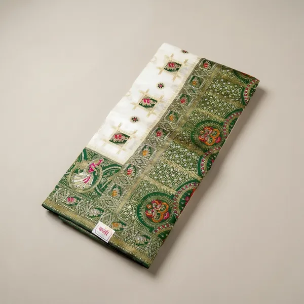 White_Green_Banarasi_Silk_Contrast_Border_Swarovski_Saree_For_Women