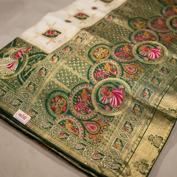 White_Green_Banarasi_Silk_Contrast_Border_Swarovski_Saree_For_Women